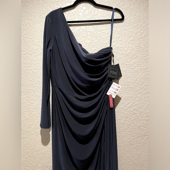 NWT Mac Duggal Stretch Jersey One Sleeve Gathered Waist Gown Dress Navy Size 10 - Picture 9 of 12
